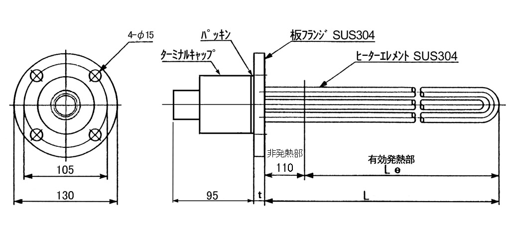 PLA5型空気加熱用板フランジヒーター外形寸法